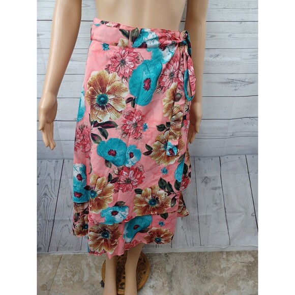 Wrap Skirt Reversible Women Floral Coral Blue Silk Blend Sz M - Picture 2 of 10